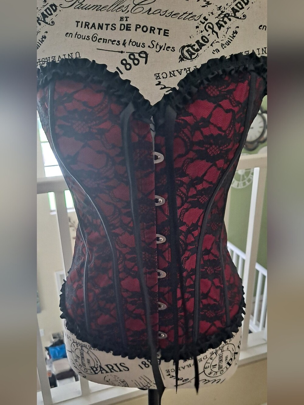 Women's Red Lace Overbust Corset with Black Trim